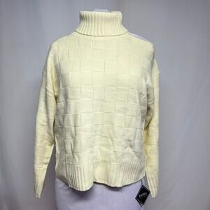 Zaful Cream Textured Knit Off Shoulder Turtleneck Sweater Womens Size L Cozy